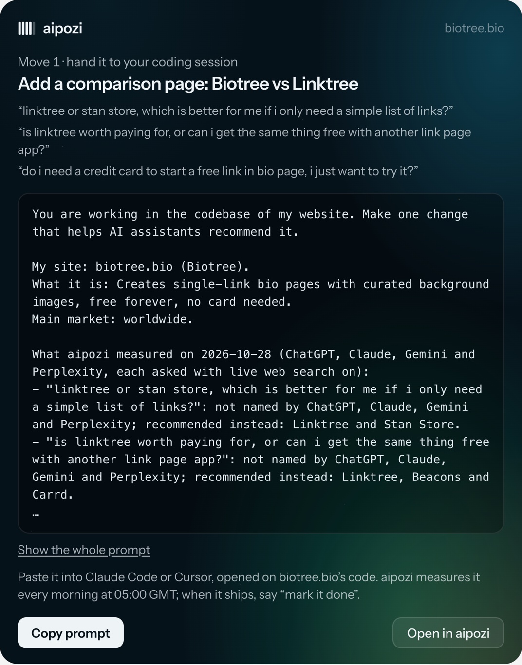 The build prompt card with a Copy button.
